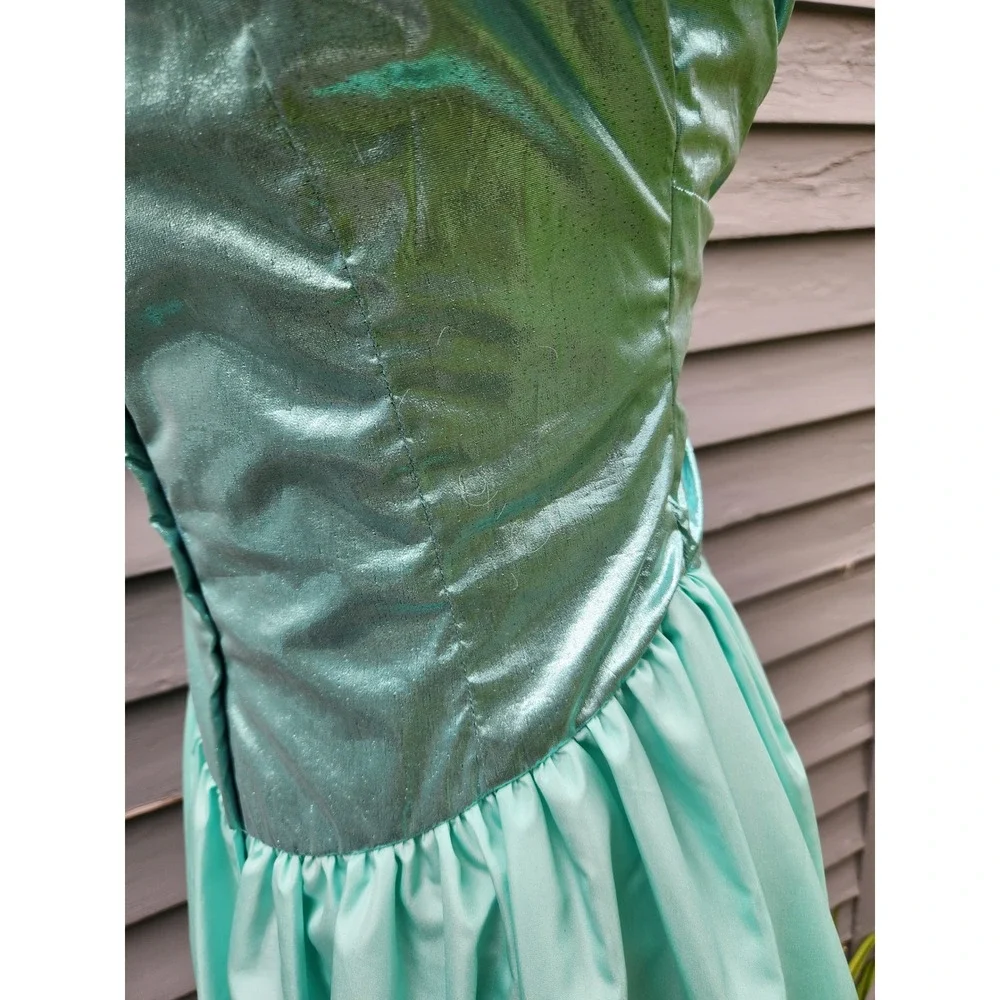 Vintage 80s Prom Dress Teal Metallic Lamé Puff Sleeve Maxi Bow Small